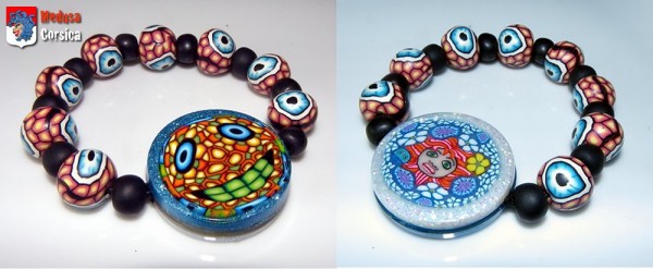 millefiori et résine sur braclet yeux en cervelle